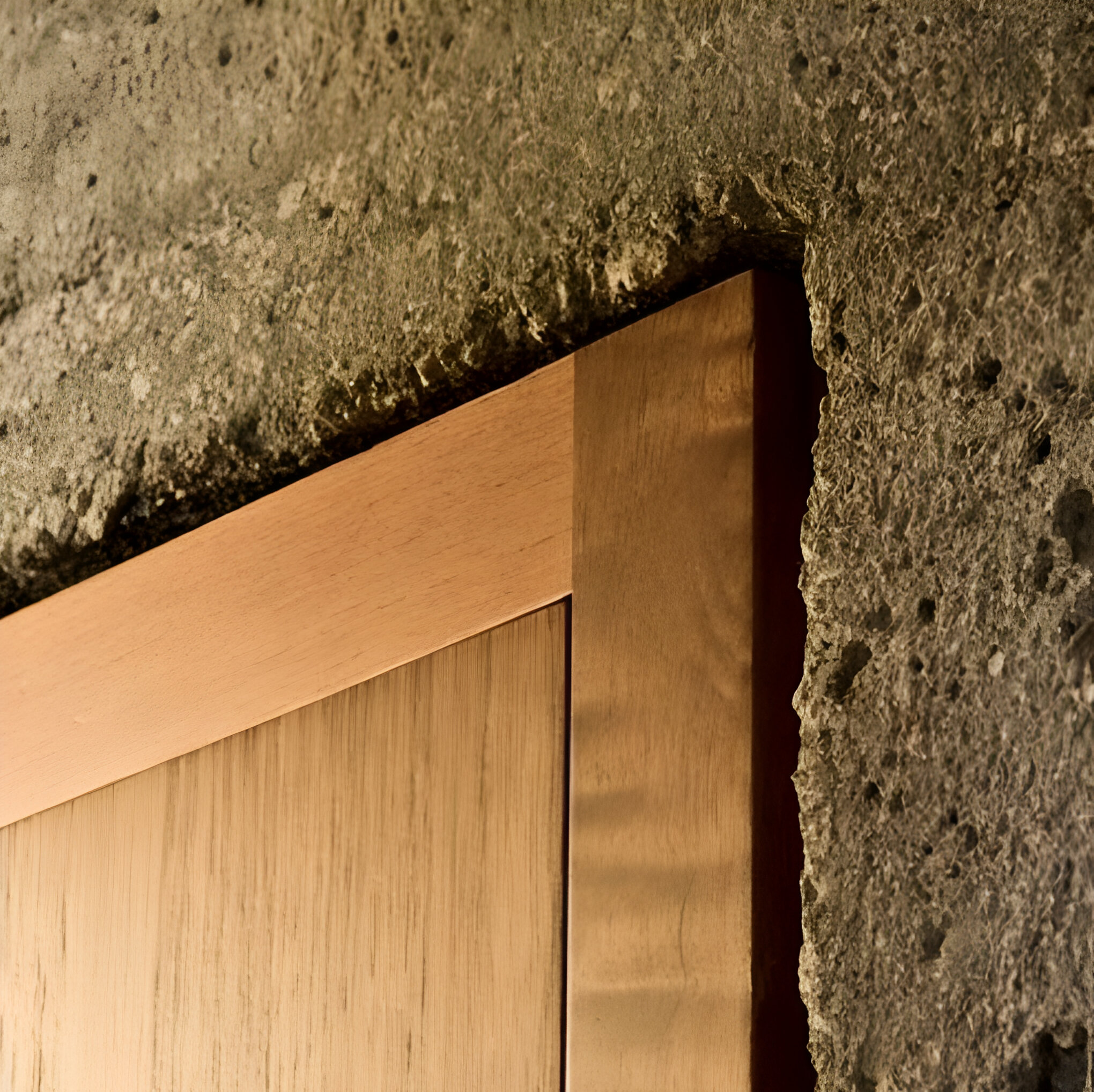 Détail de la porte en bois et du béton bouchardé du Centre médical à Vilagarcía. Miguel Camba et Carlos Pita, architectes.