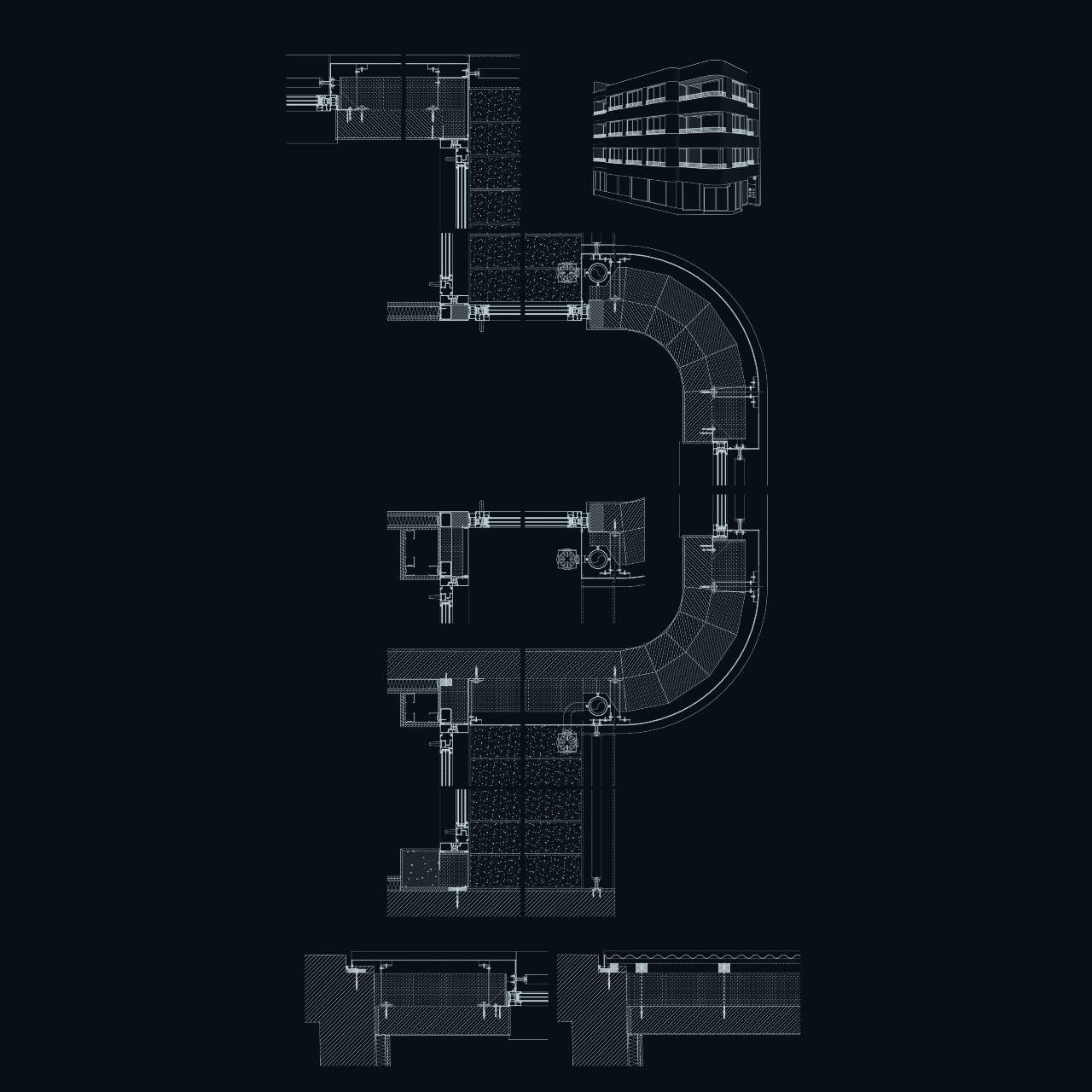 Détail de l’enveloppe extérieure d’un immeuble à appartements à Uccle, projet de SPKTR Architects, dessin de Miguel Camba architecte