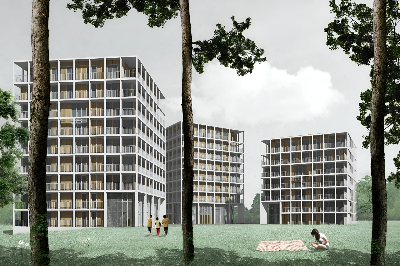 Vue extérieure de l’ensemble de 160 logements sociaux pour la SLRB, projet de MDW Architecture. Miguel Camba architecte