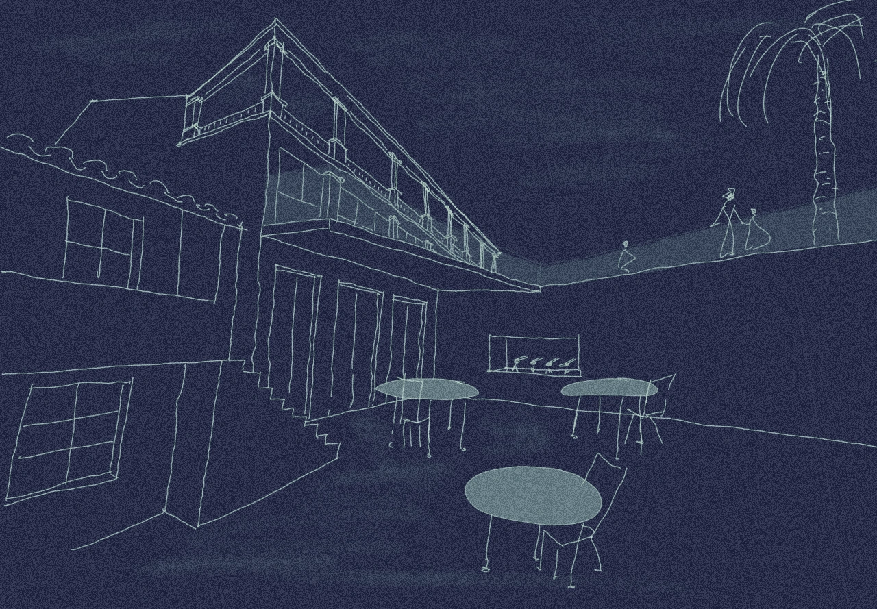 Dessin de l'étude de faisabilité pour la rénovation et reconversion de l’ancien « Cine Zárate » en salle polyvalente ainsi que pour la création d’un parc urbain et le réaménagement des rues attenantes. Miguel Camba architecte.