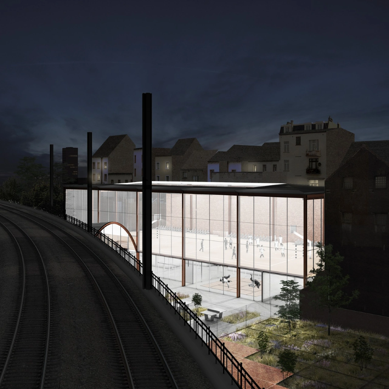 Modélisation du projet de construction d’une salle de sports à basse énergie Terre Neuve à Bruxelles, projet de MDW Architecture. Miguel Camba architecte.